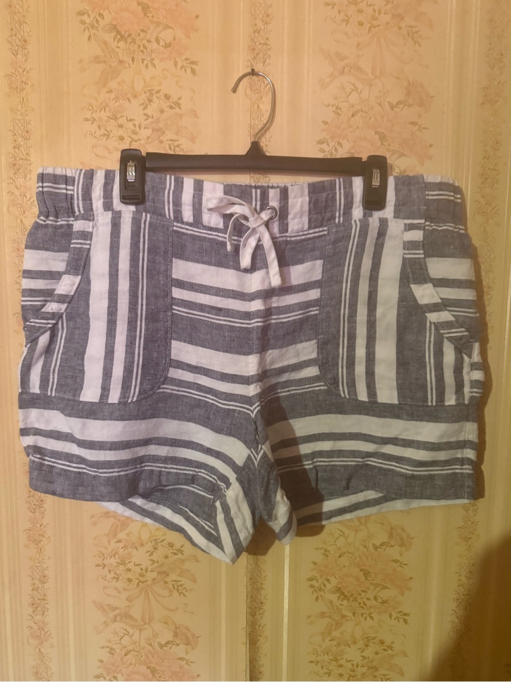 Athleta Blue and White Striped High-Waist Drawstring Shorts